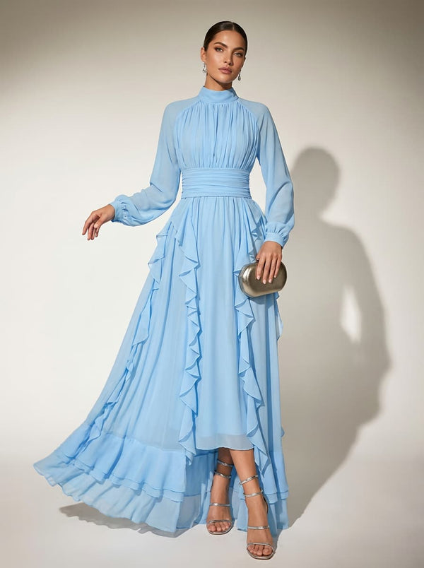 Topologon High Neck Lace Up Ruffle Maxi Dress