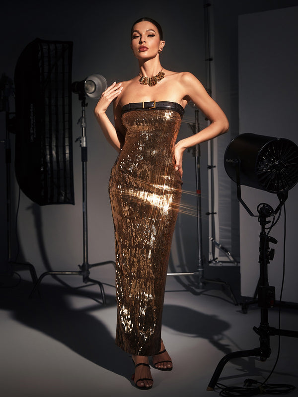 Triana Strapless Belted Glitter Sequin Dress