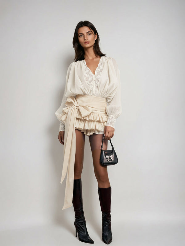 Ulaeron V Neck Lace Bow Mini Dress In Apricot