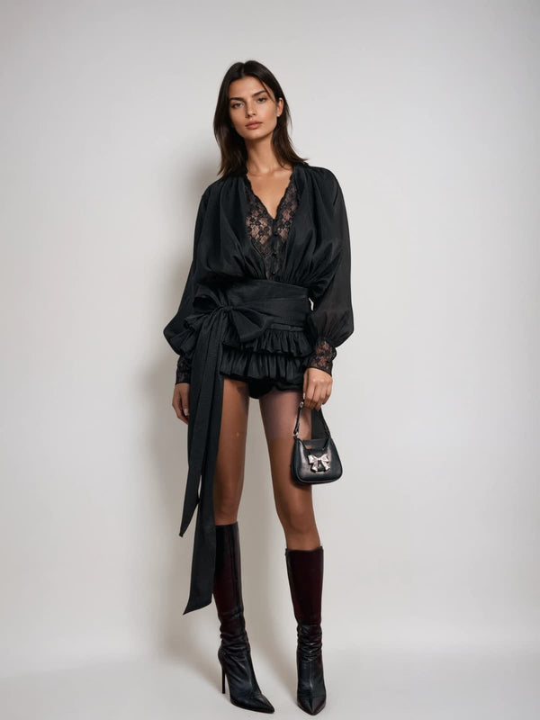 Ulaeron V Neck Lace Bow Mini Dress
