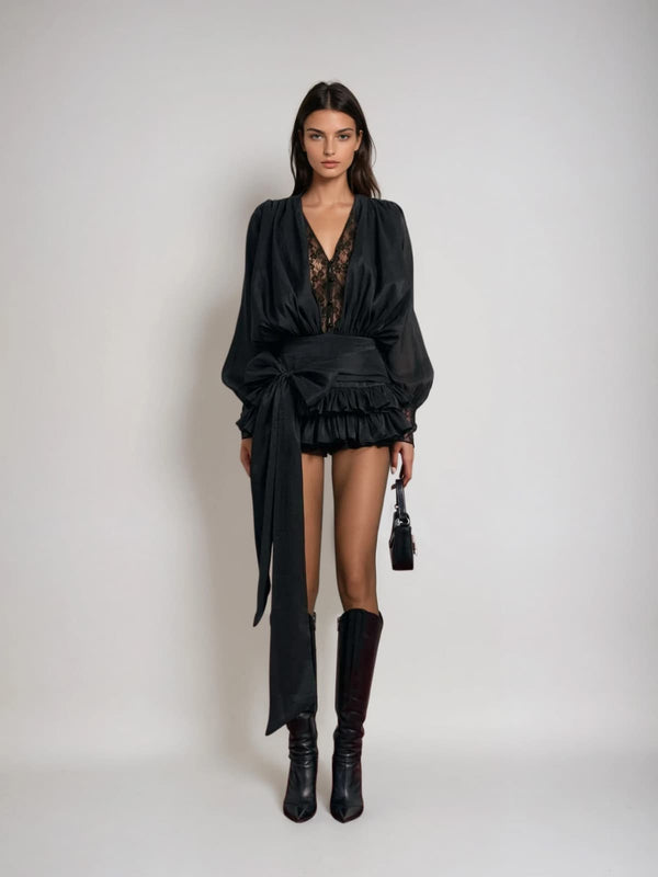 Ulaeron V Neck Lace Bow Mini Dress