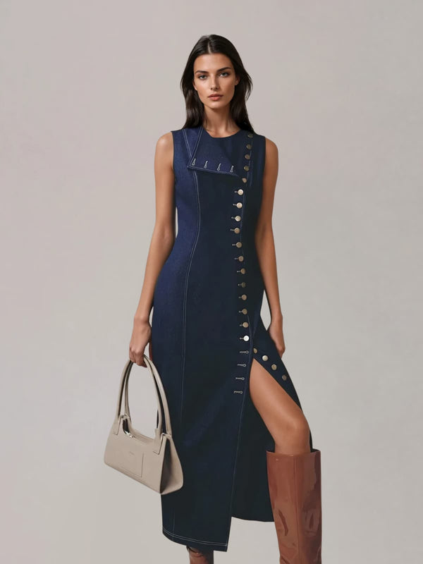 Ulvandis Button Up Split Denim Maxi Dress