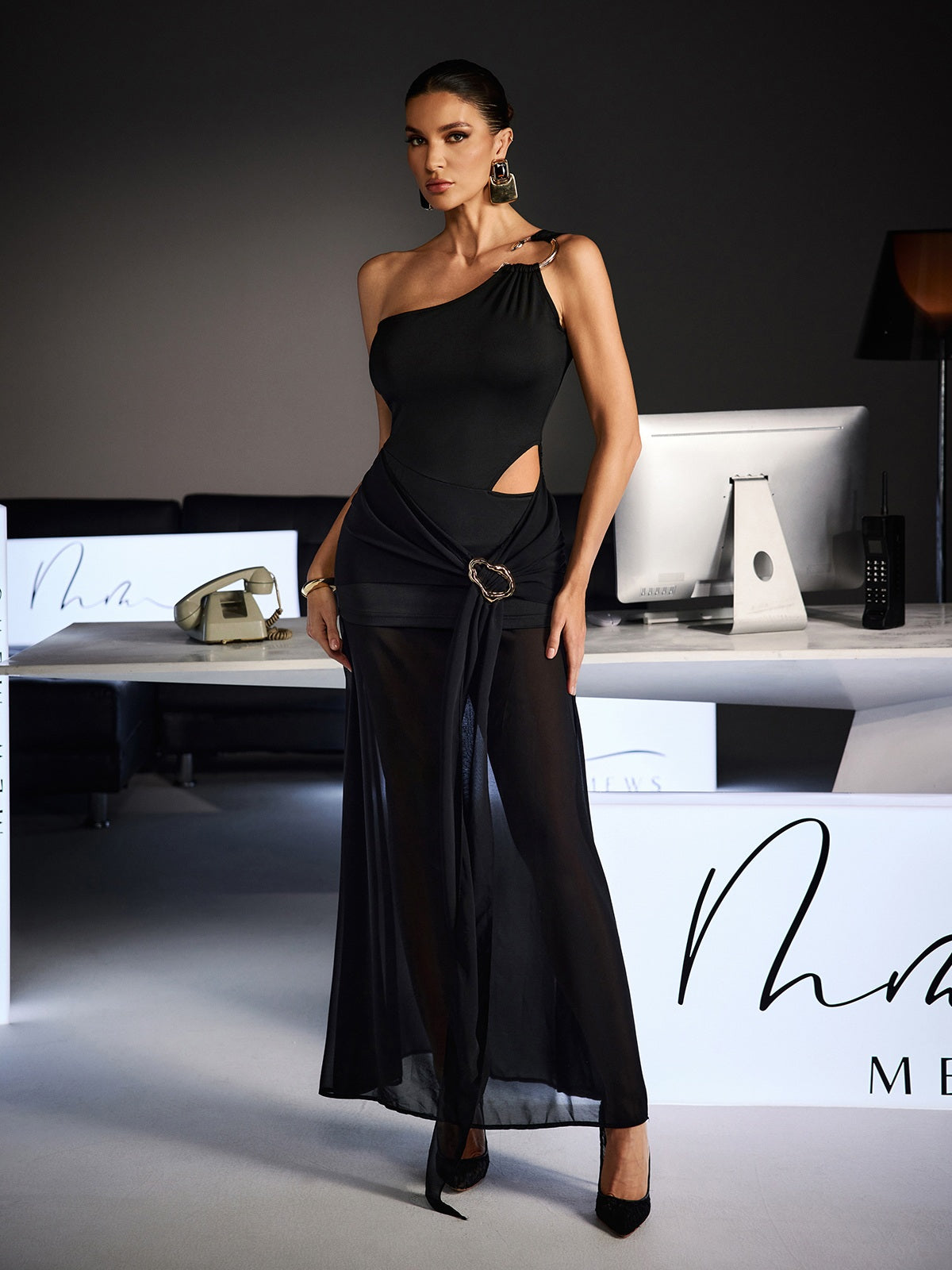 Mew Mews Ulyra One Shoulder Draped Cutout Maxi Dress