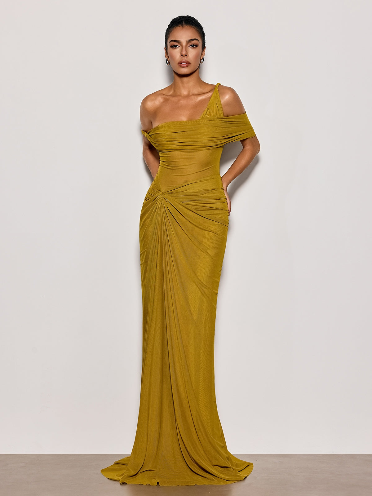 one shoulder ruched maxi dress Mew Mews Urixa One Shoulder Ruched Maxi Dress