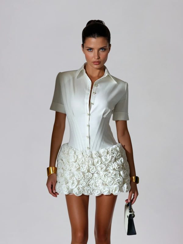 Uryndra Folded Collar Button Up Flower Mini Dress