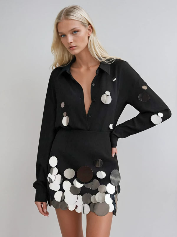 Uthara V Neck Sequin Skirt Set In Silver