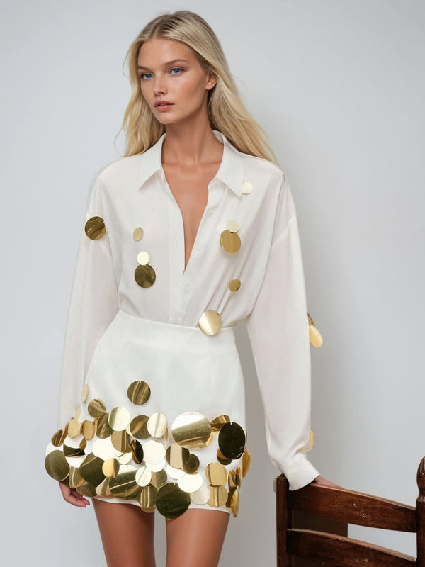 Uthara V Neck Sequin Skirt Set In White