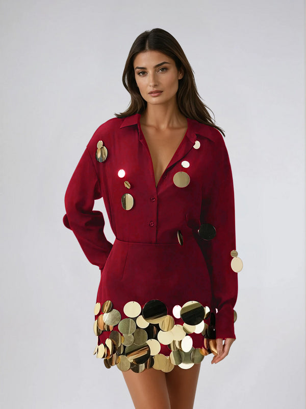 Uthara V Neck Sequin Skirt Set In Red