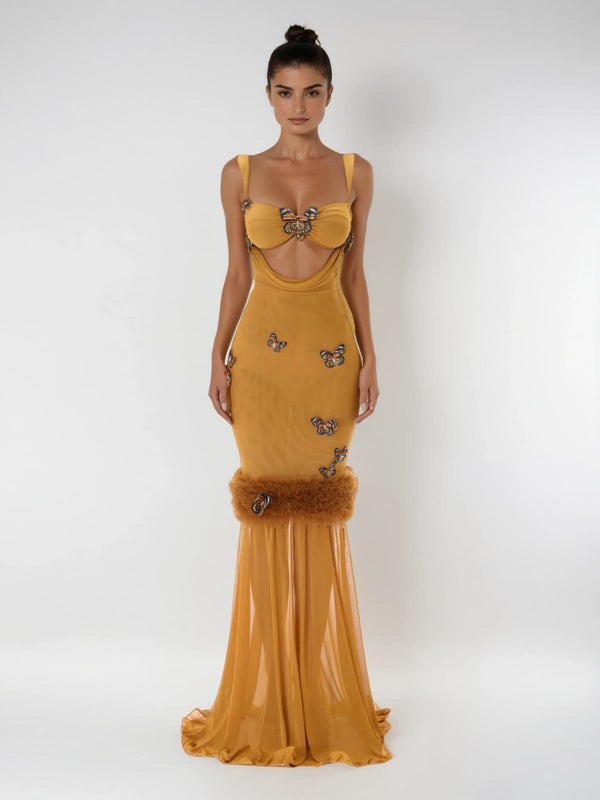 Uzgoth Cutout Butterfly Mesh Maxi Dress
