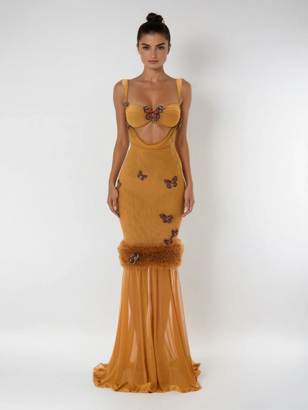 Uzgoth Cutout Butterfly Mesh Maxi Dress