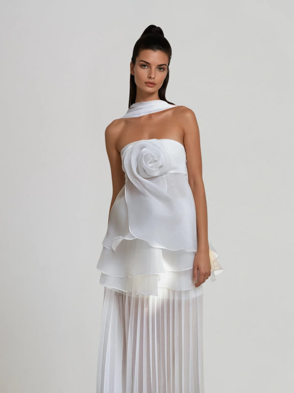 Vaelyara Strapless Flower Ruffle Pleated Dress