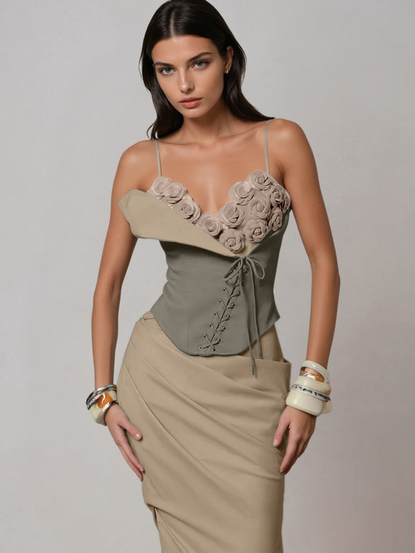 Vaeron Spaghetti Flower Lace Up Skirt Set