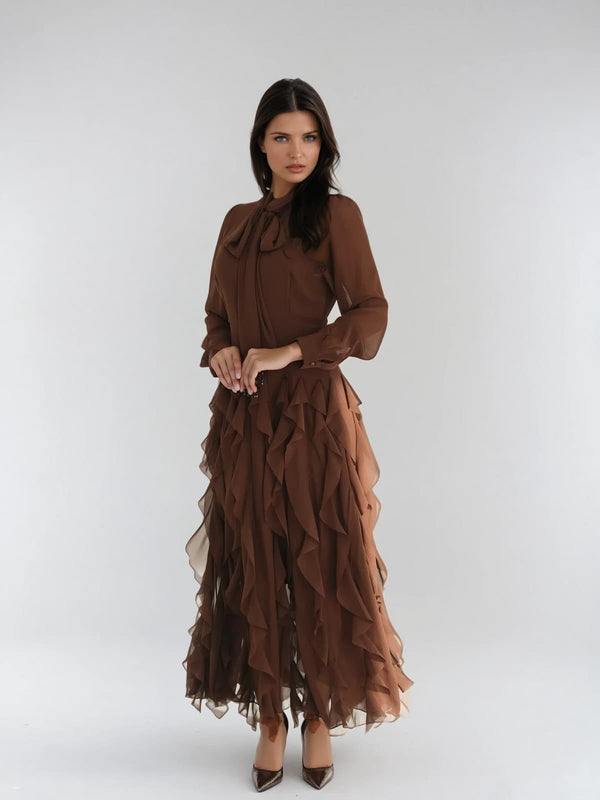 Vazron Bow Tie Up Ruffle Maxi Dress