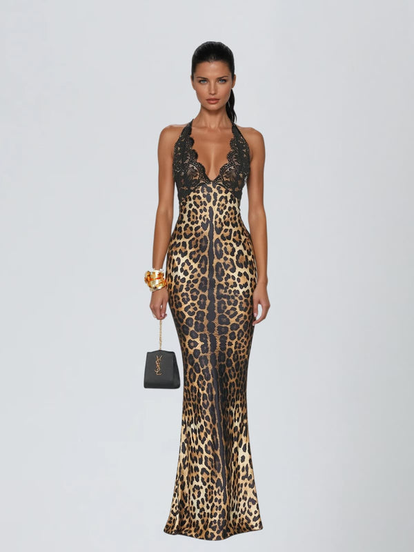 Vazvara Halterneck Lace Leopard Maxi Dress