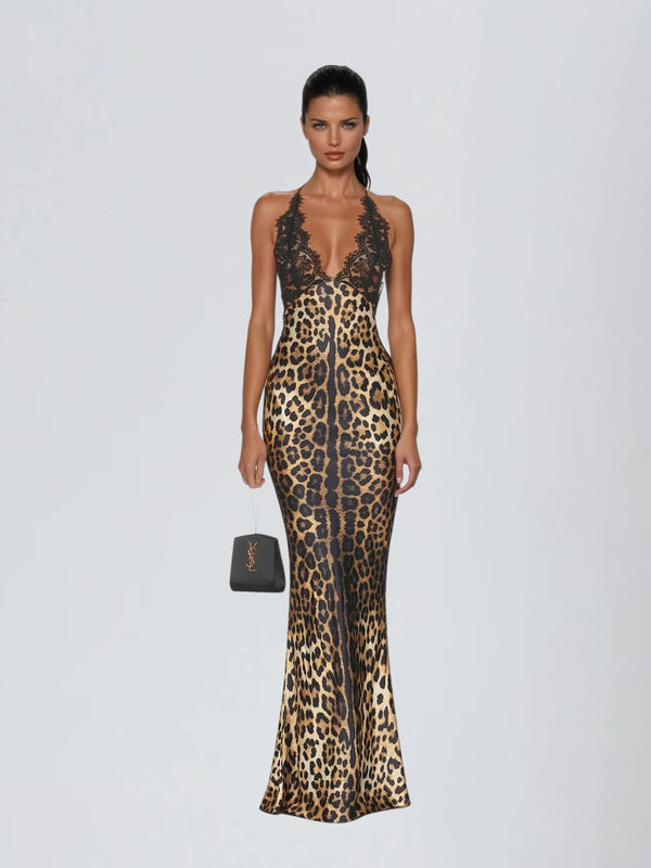 Vazvara Halterneck Lace Leopard Maxi Dress