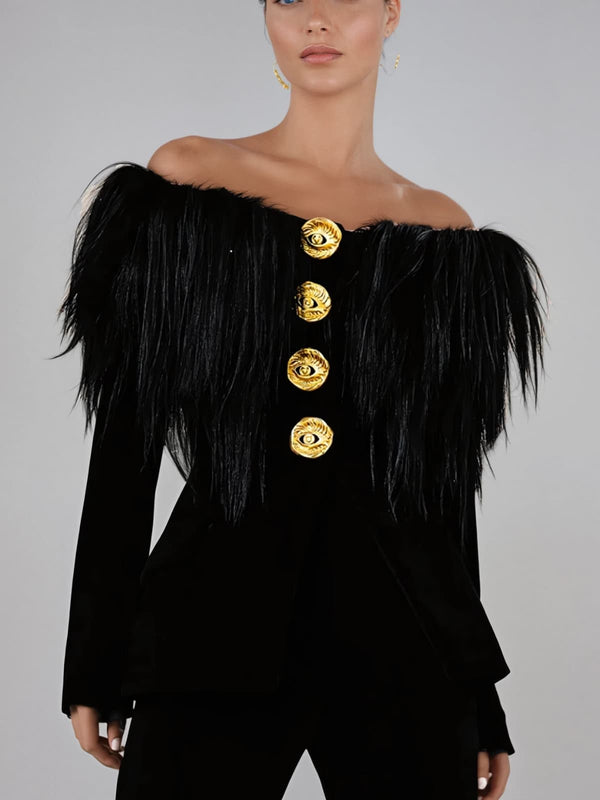 Vazzar Off Shoulder Fringe Blazer