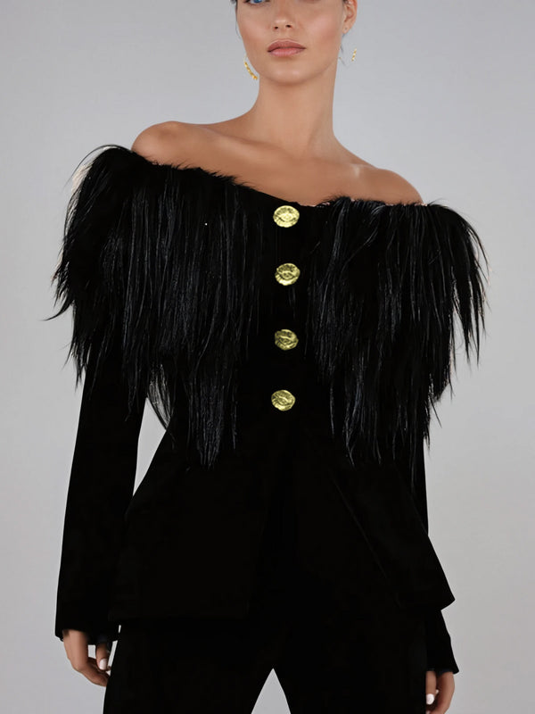 Vazzar Off Shoulder Fringe Blazer