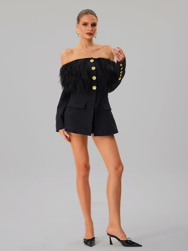Vazzar Off Shoulder Fringe Blazer