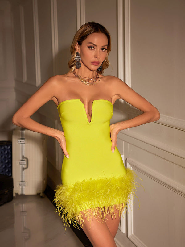 Veer Strapless Feather Bandage Dress In Yellow