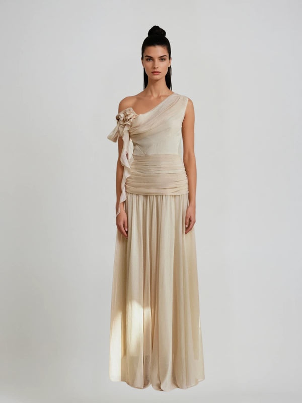 Velthrix One Shoulder Flower Ruched Maxi Dress
