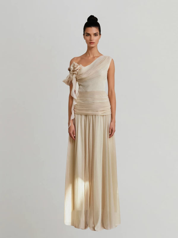Velthrix One Shoulder Flower Ruched Maxi Dress