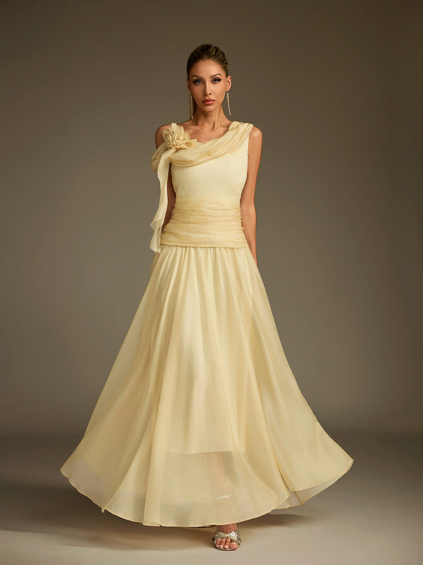 Velthrix One Shoulder Flower Ruched Maxi Dress