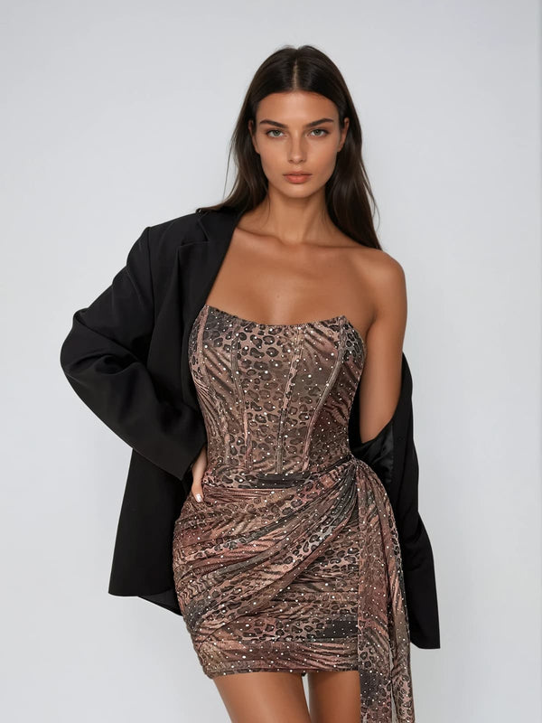 Velvara Strapless Leopard Sequin Mini Dress
