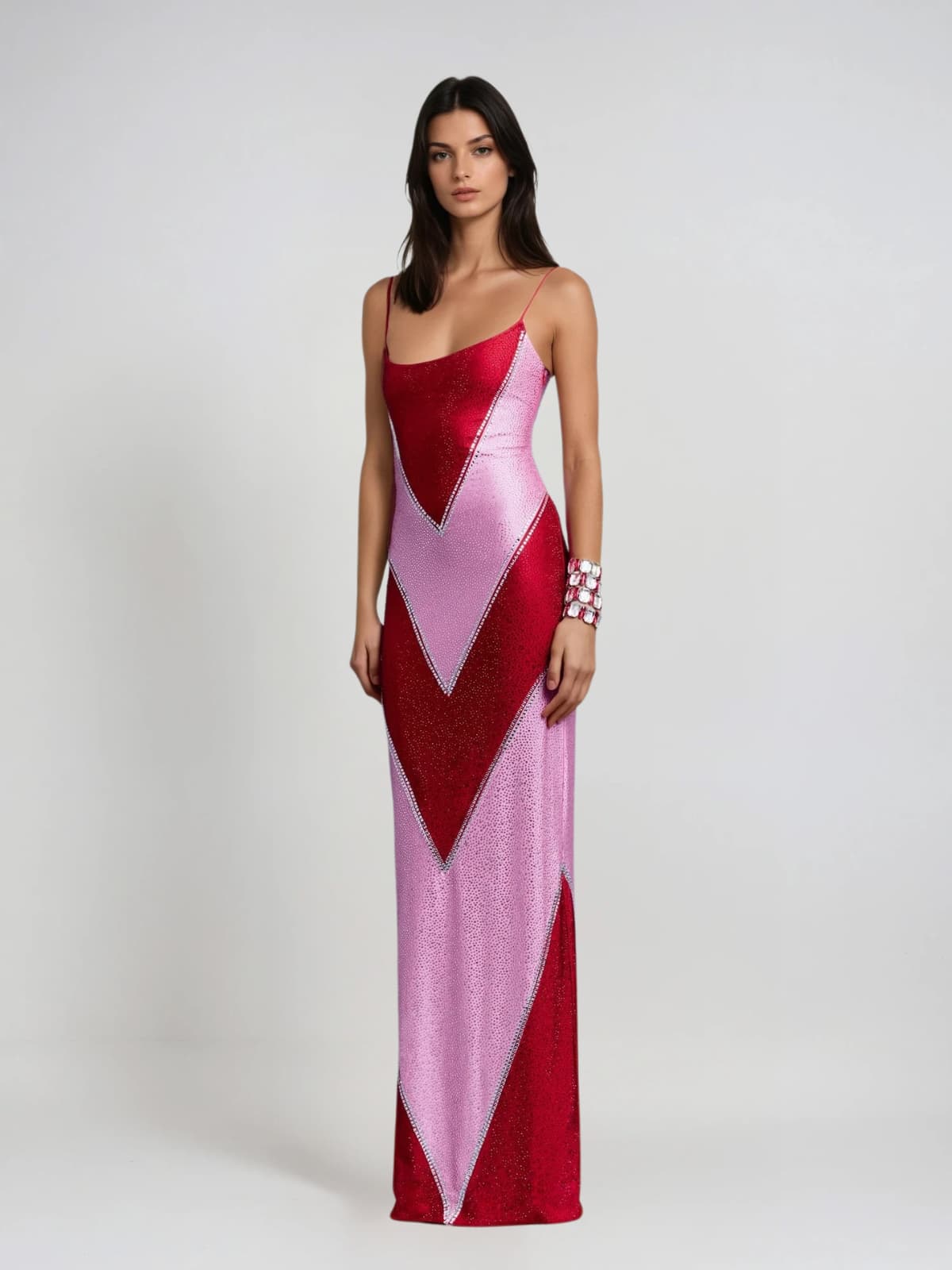 Velyqen Spaghetti Rhinestone Maxi Dress In Red