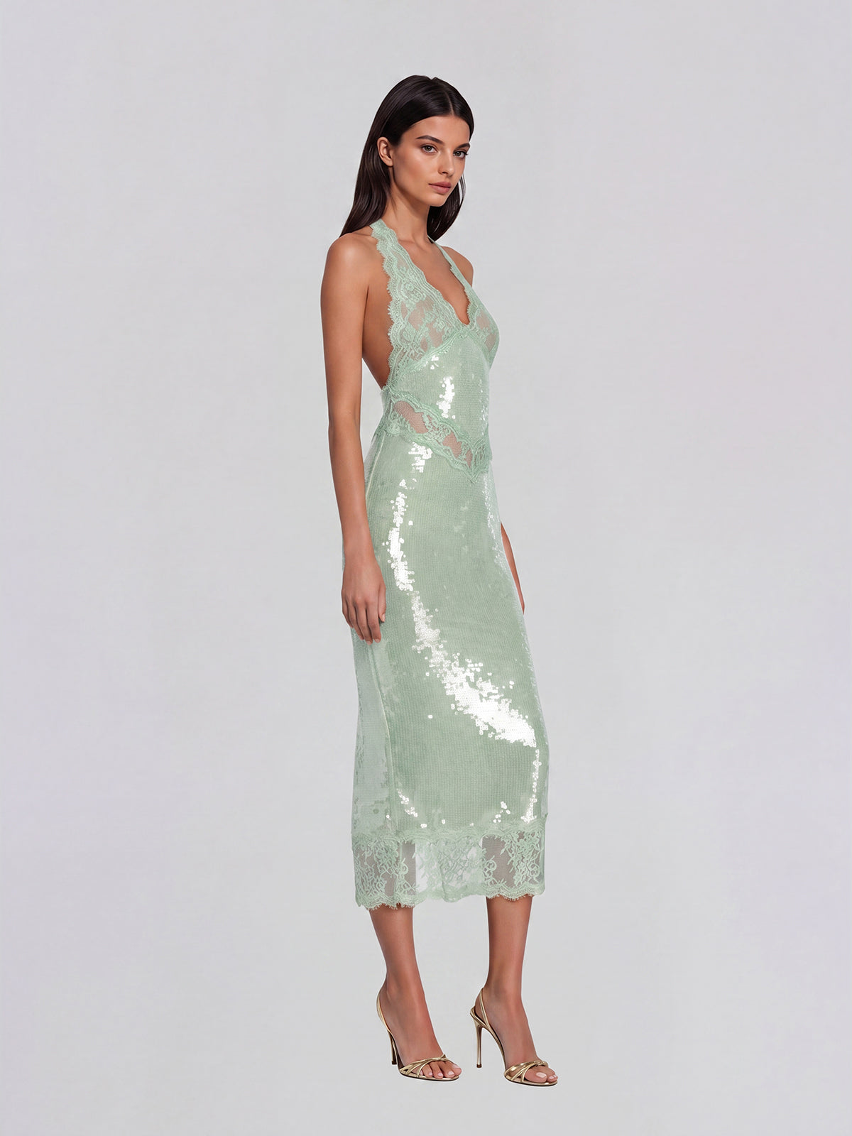 Virellon Halterneck Lace Sequin Midi Dress In Mint
