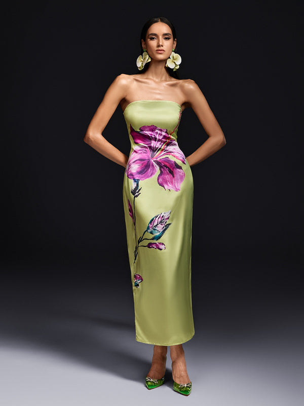Vryxar Strapless Floral Satin Maxi Dress
