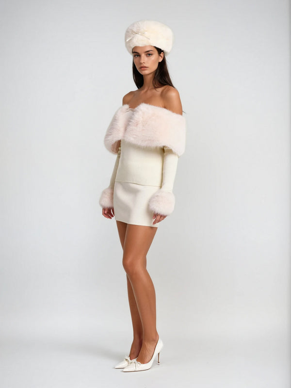 Vyriss Off Shoulder Furry Skirt Set