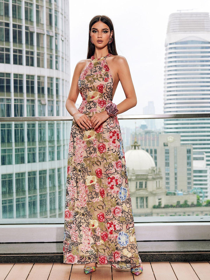 Waner Halterneck Flower Embroidered Maxi Dress - Mew Mews