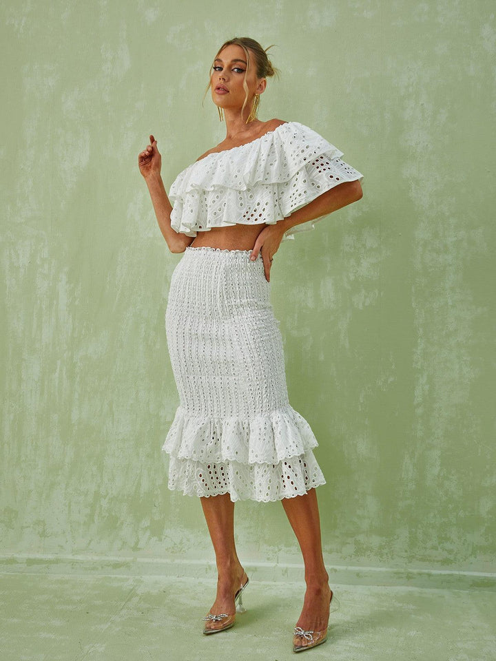 Wisteria Ruffle Off Shoulder Hollow Set In White - Mew Mews