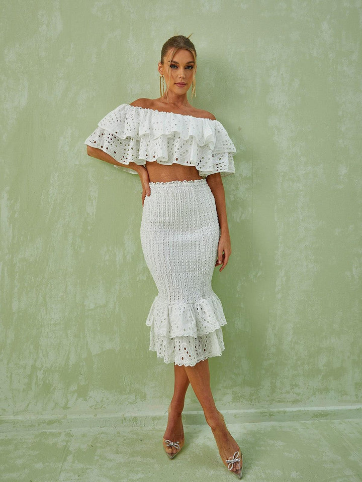 Wisteria Ruffle Off Shoulder Hollow Set In White - Mew Mews