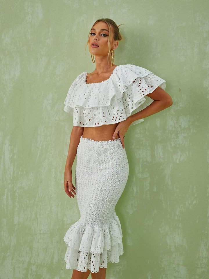 Wisteria Ruffle Off Shoulder Hollow Set In White - Mew Mews