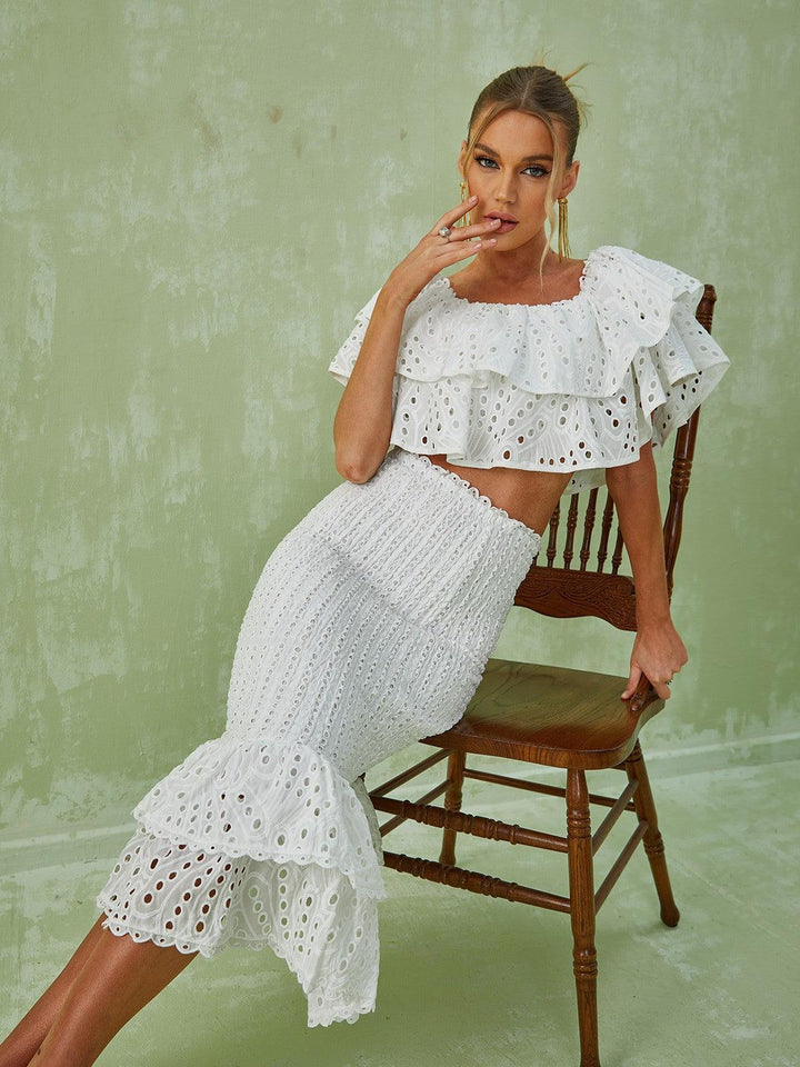 Wisteria Ruffle Off Shoulder Hollow Set In White - Mew Mews