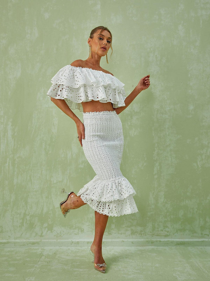 Wisteria Ruffle Off Shoulder Hollow Set In White - Mew Mews