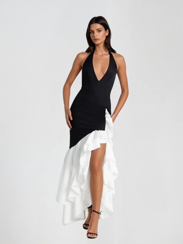 Woltex Plunge Neck Ruffle Maxi Dress