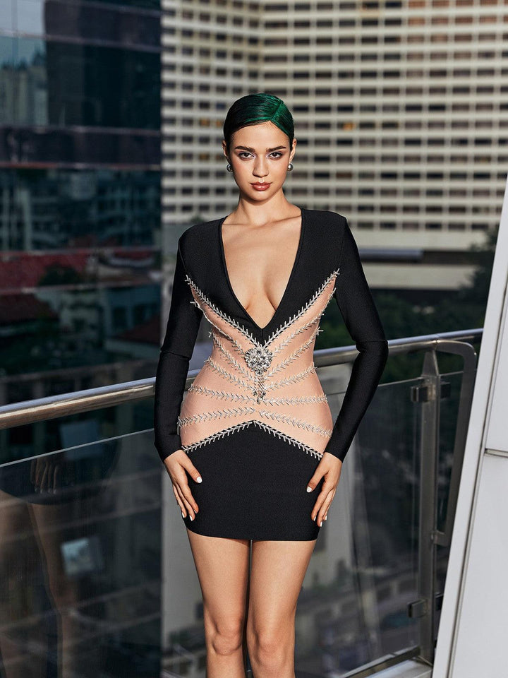 Wren V Neck Crystal Bandage Dress - Mew Mews