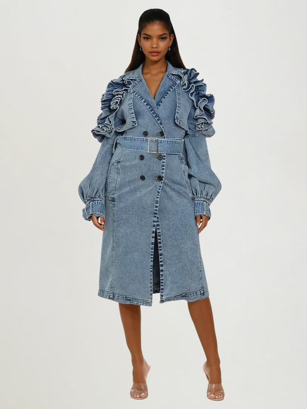 Wrydan Button Up Ruffle Denim Coat
