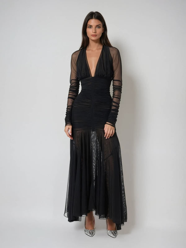 Wryne Plunge Neck Mesh Ruched Maxi Dress