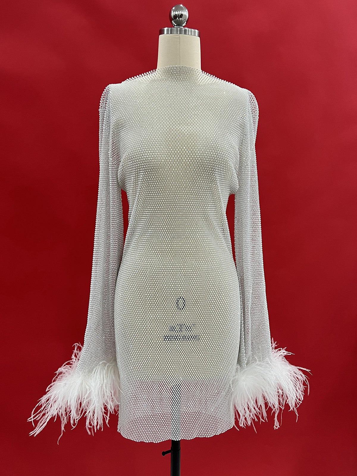 Xanthe Rhinestone Mesh Mini Dress In White – Mew Mews