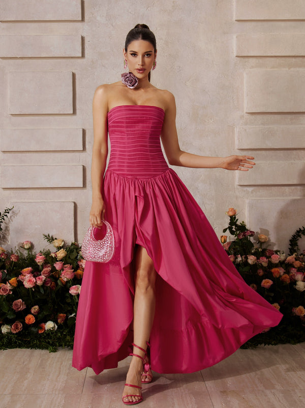 Xexor Strapless Ruched Maxi Dress In Hot Pink