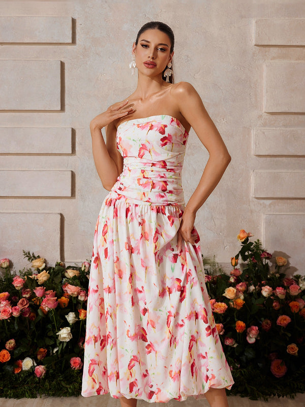 Xyrviel Floral Bubble Midi Dress In Rose Blush