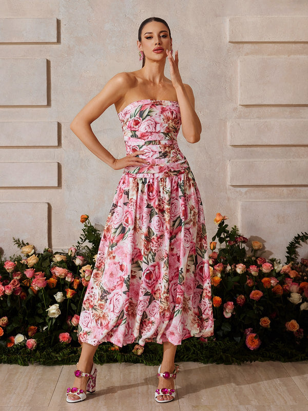 Xyrviel Floral Bubble Midi Dress In Rose Pink