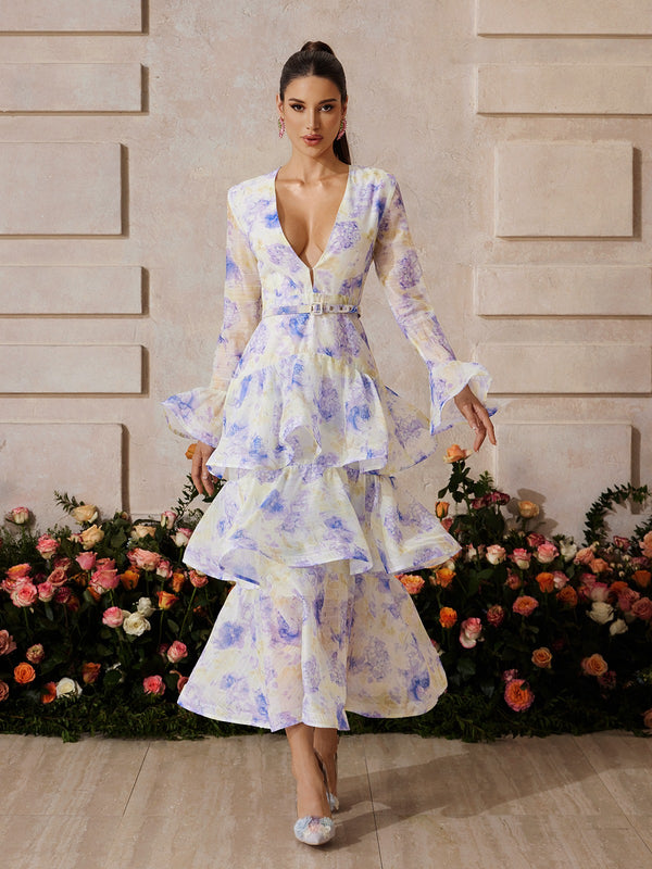 Yaeltric Plunge Neck Floral Tiered Maxi Dress