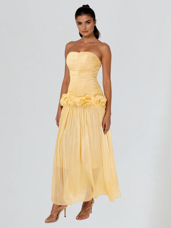Yryviel Strapless Ruched Ruffle Maxi Dress In Yellow