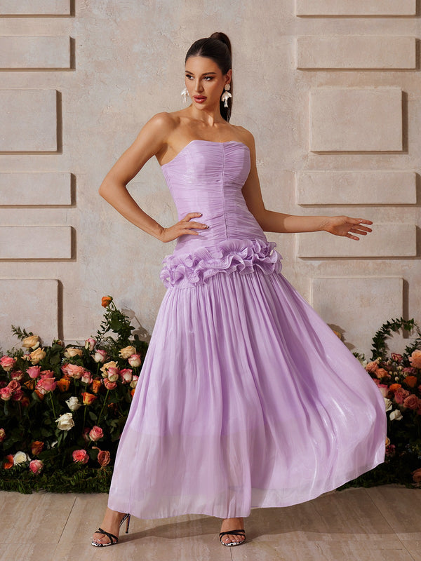 Yryviel Strapless Ruched Ruffle Maxi Dress