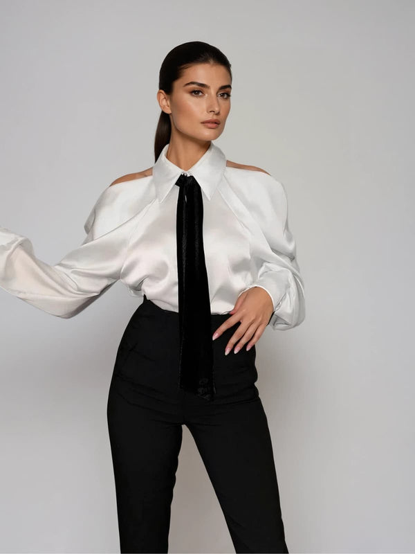 Yvara Folded Collar Tie Satin Shirt
