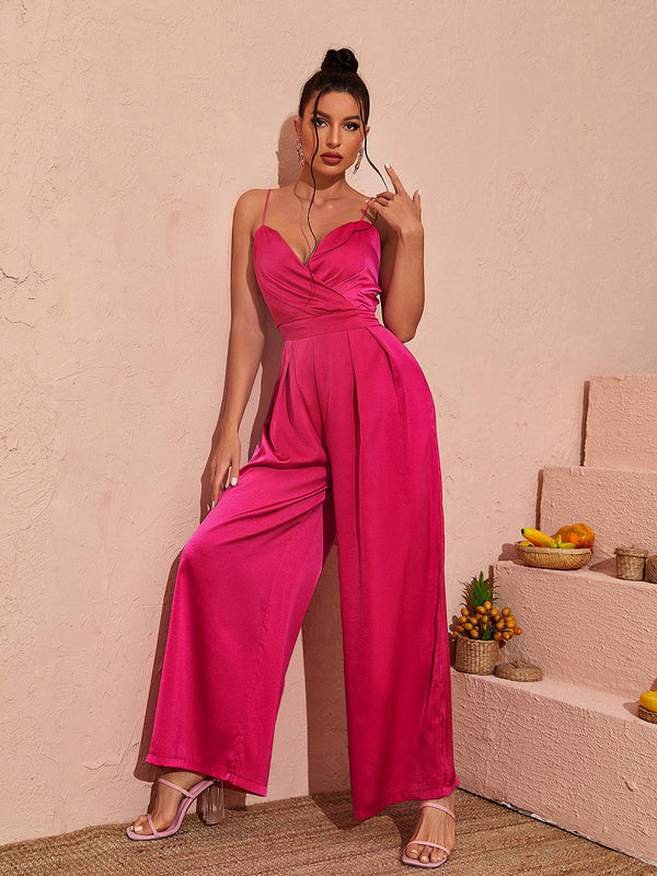 Zariyah Satin V Neck Jumpsuit In Hot Pink